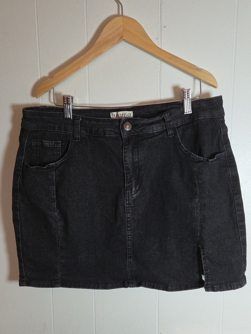 LUVAMIA Black Denim Short Mini Skirt with Front Slit
